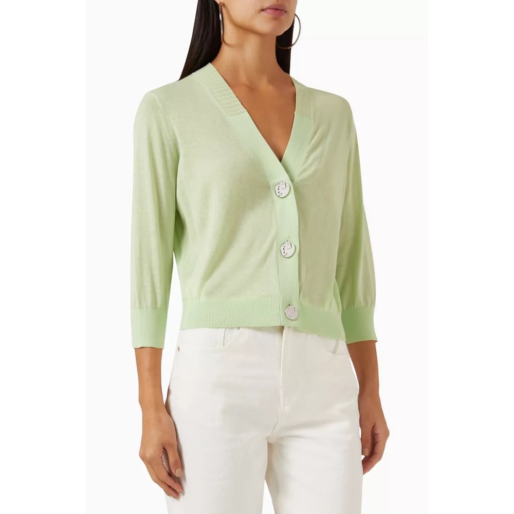 Tory‎ Burch Cardigan Women M Lime Green Cotton Logo Button Cropped Sweater